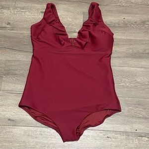 City Chic One Piece Bathing Suit Burgundy Ruffle Ribbed Sz L NWOT